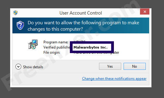 Screenshot where Malwarebytes Inc. appears as the verified publisher in the UAC dialog